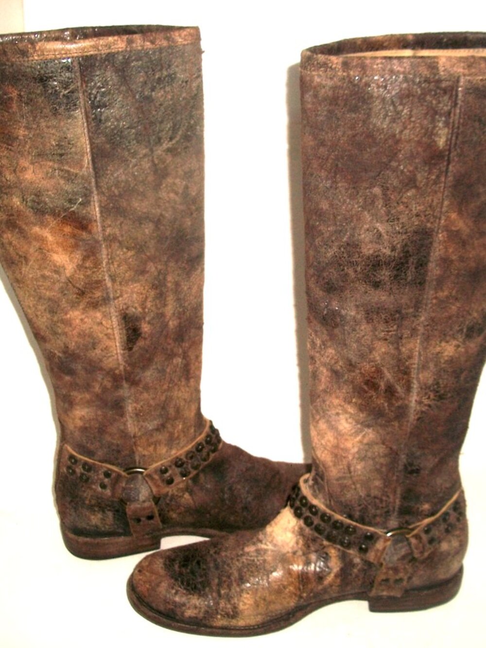 John Frye Tall Rear-Zip Distressed Brown Leather Studded Harness Boots 10M [398U